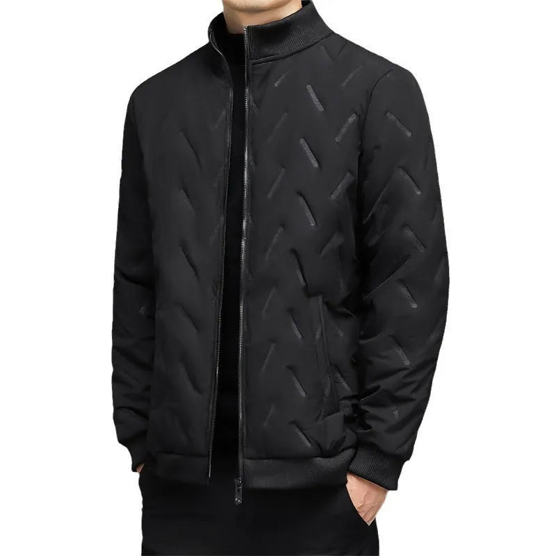Men's fleece-lined stand collar cotton-padded winter coat in khaki, thickened polyester, 50cm length