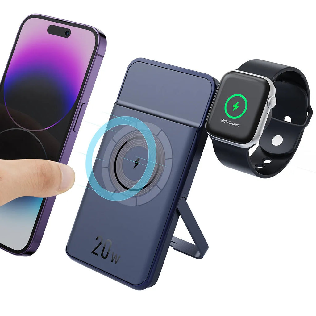 Black magnetic wireless power bank with bracket, 10000mAh capacity, industrial design