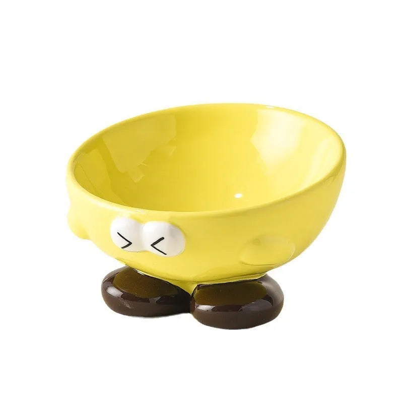 Ceramic pet bowl with oblique tall design in blue colour for cervical spine protection