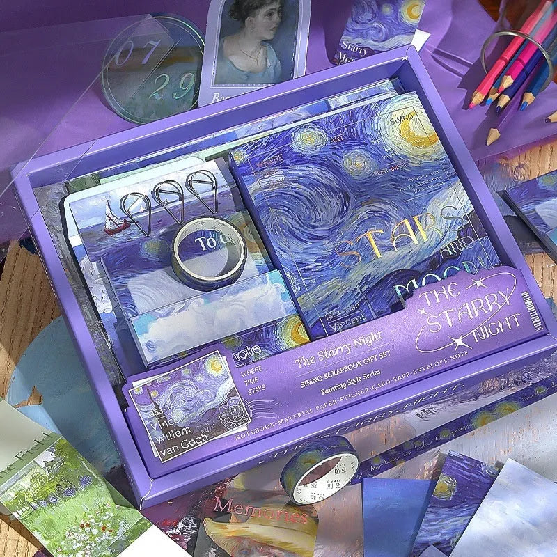 A6 creative journal gift box set with plaid notebook, decorative papers, cards, stickers, and artistic accessories