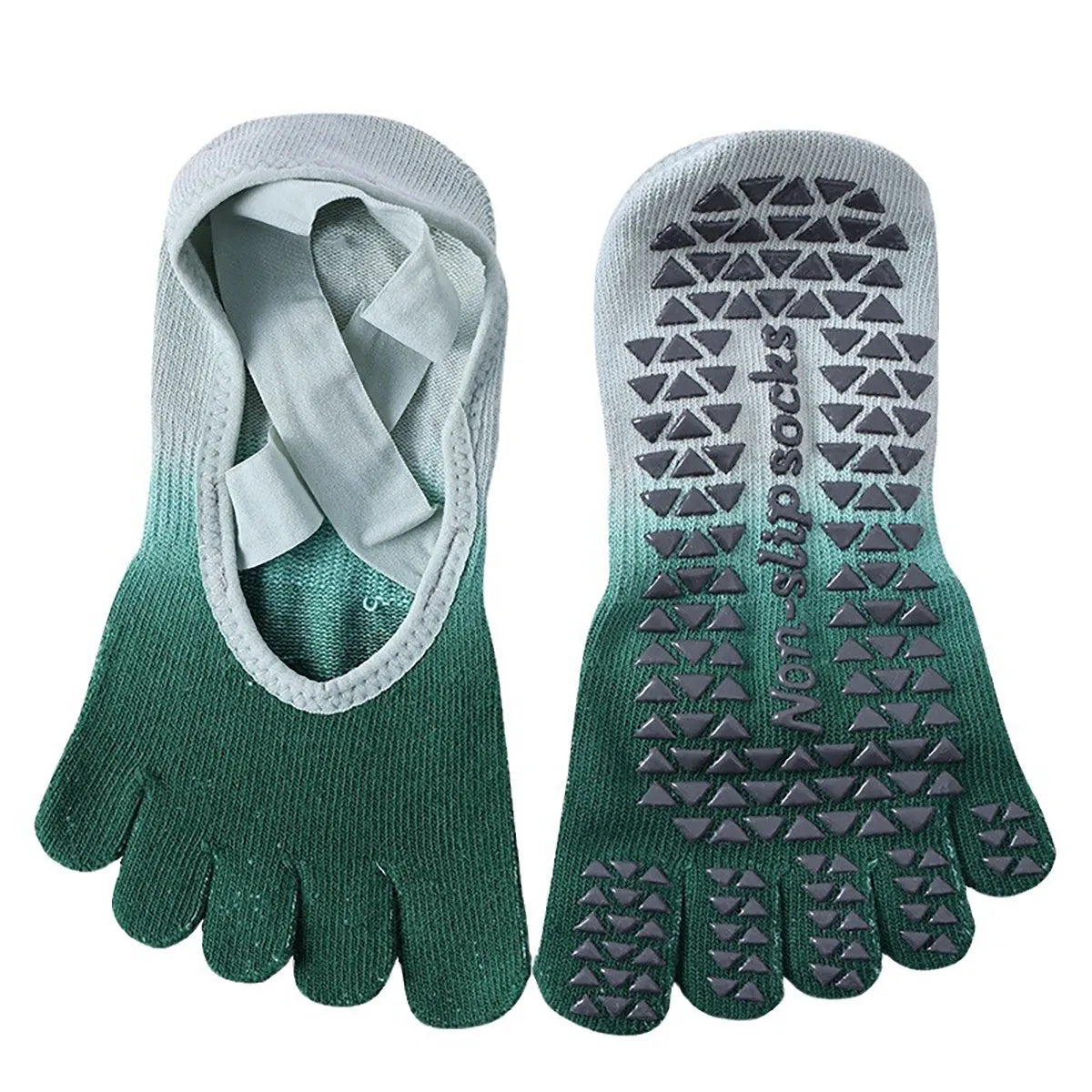 Grippy yoga socks for women and men, non-slip full toe, available in green, pink, purple, white, and black.
