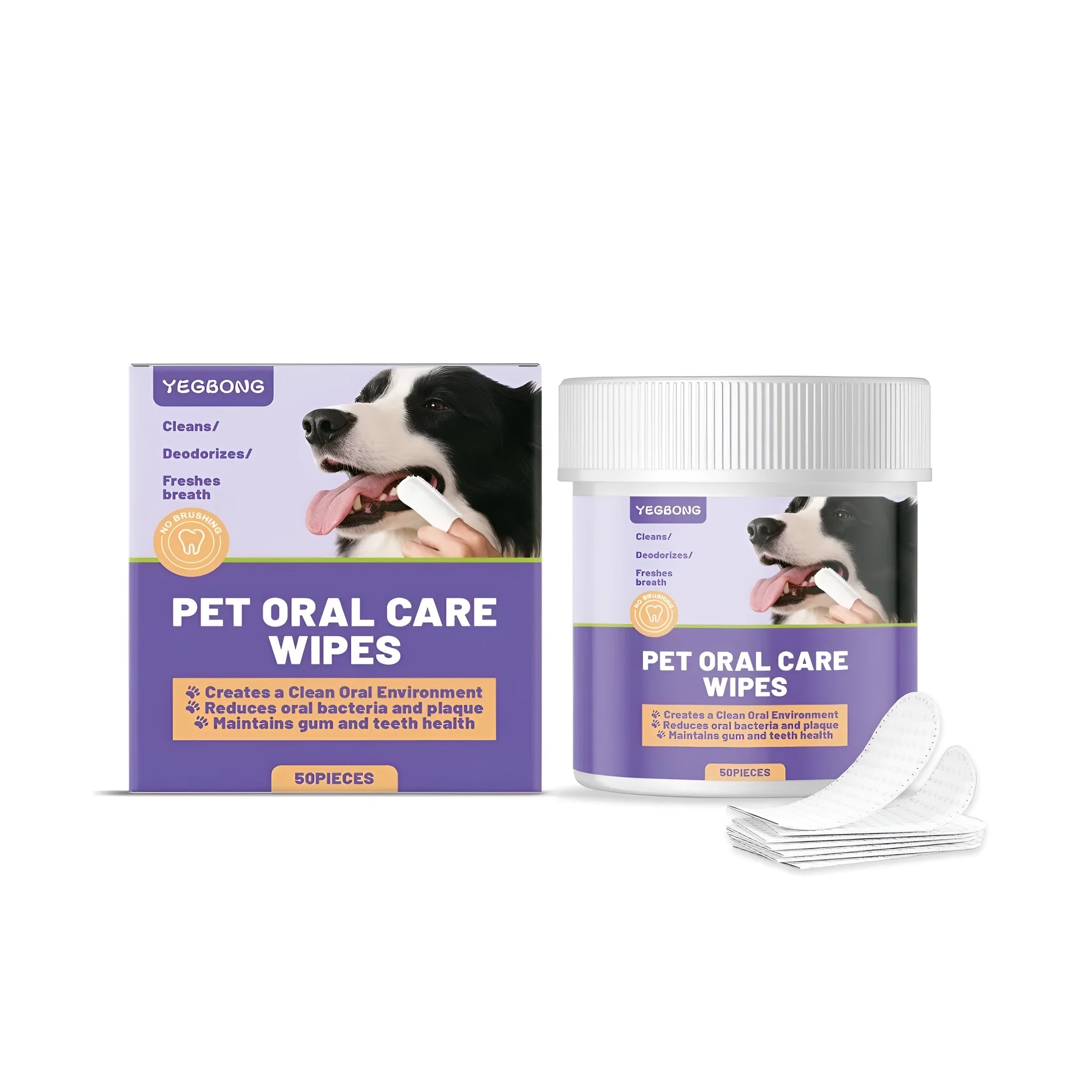 Pet oral care wipes in a twin pack, 100 pieces, for dogs and cats, formulated with glycerin and citric acid