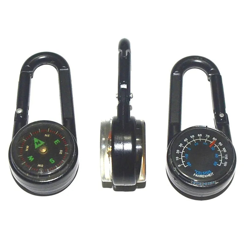 Black army green rose gold zinc alloy carabiner with thermometer and compass, showing double-sided climbing button.