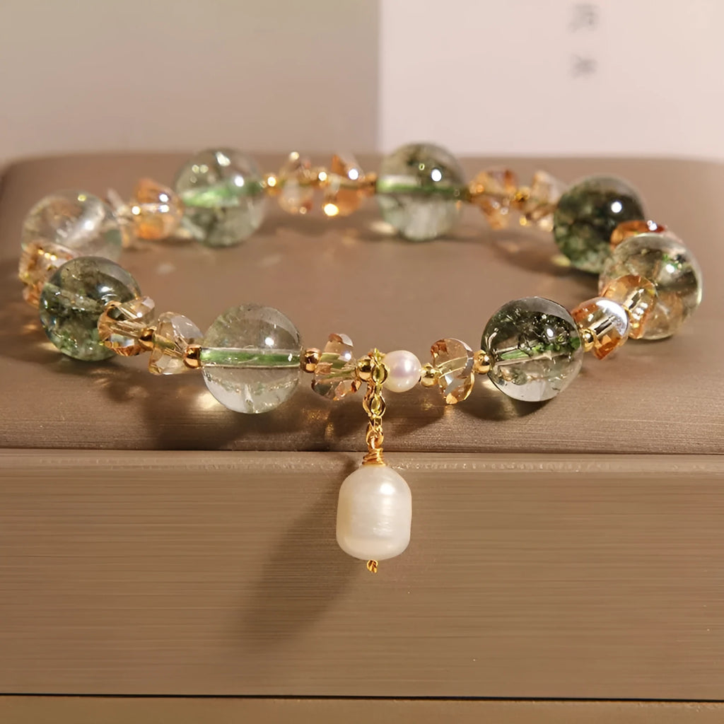 Natural chorite crystal bracelet with champagne quartz and green phantom quartz accents