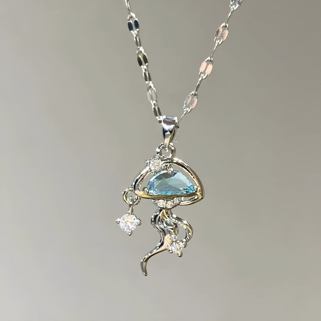 Sterling silver blue jellyfish necklace with white gold plating and adjustable chain