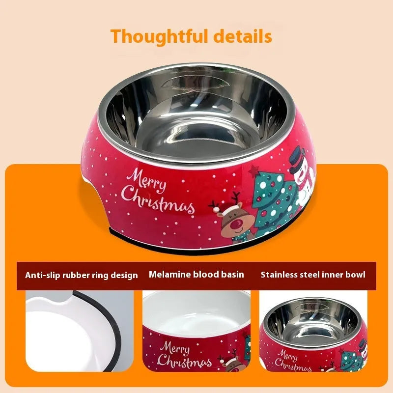 Red Christmas pet bowl with stainless steel inner layer and melamine exterior in three size options