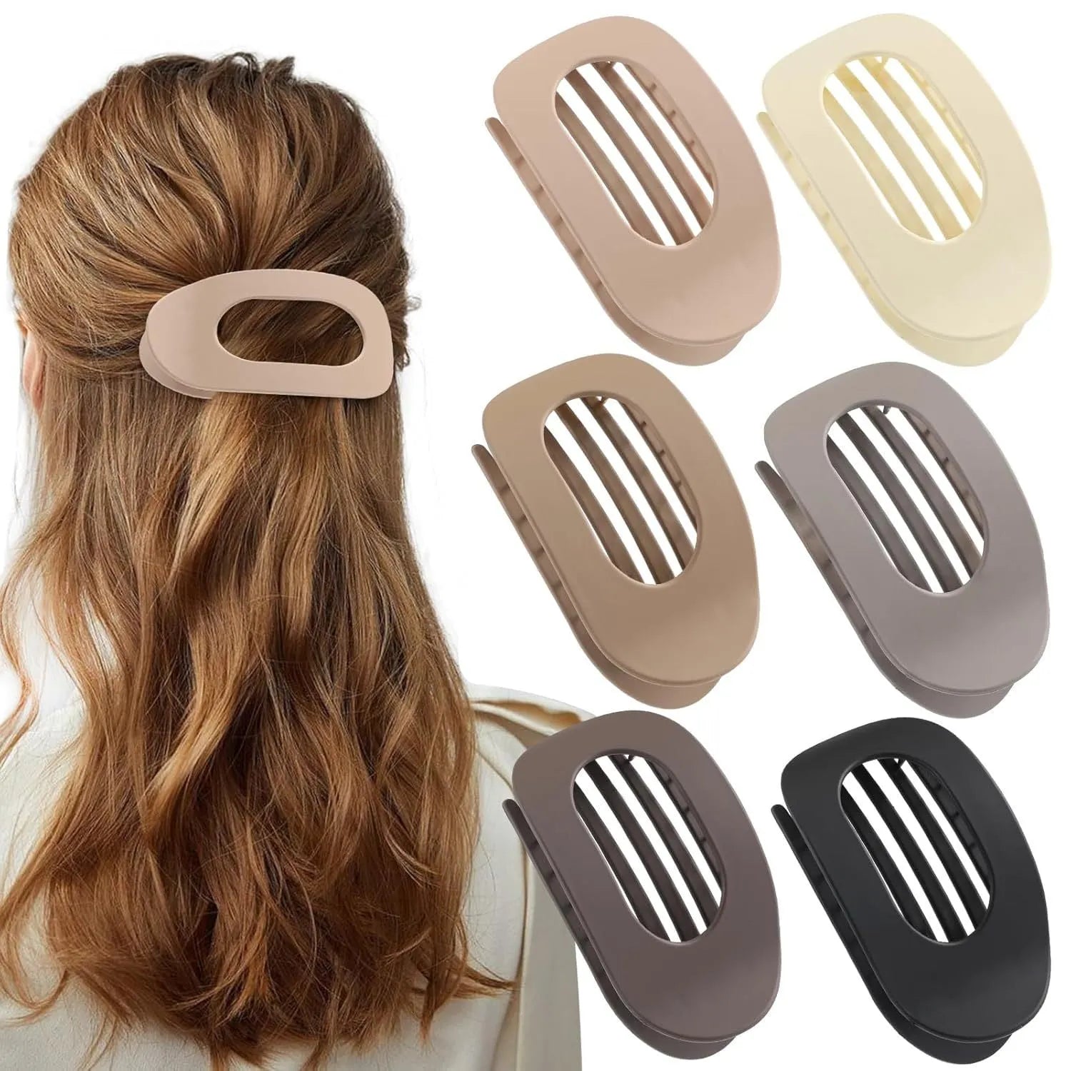Six nude rose red plastic hair clips with quadrilateral shape and frosted grip surface