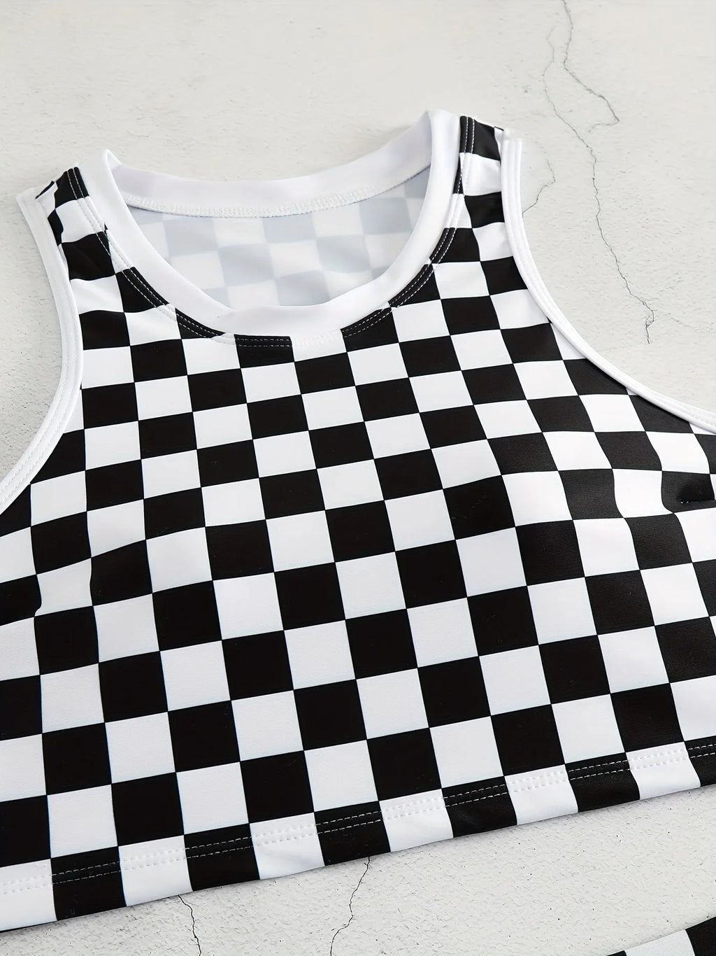 Checkered racing one-piece swimsuit with backless design and suspender straps