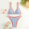 Women's floral print bikini swimsuit set with top and briefs, backless design.