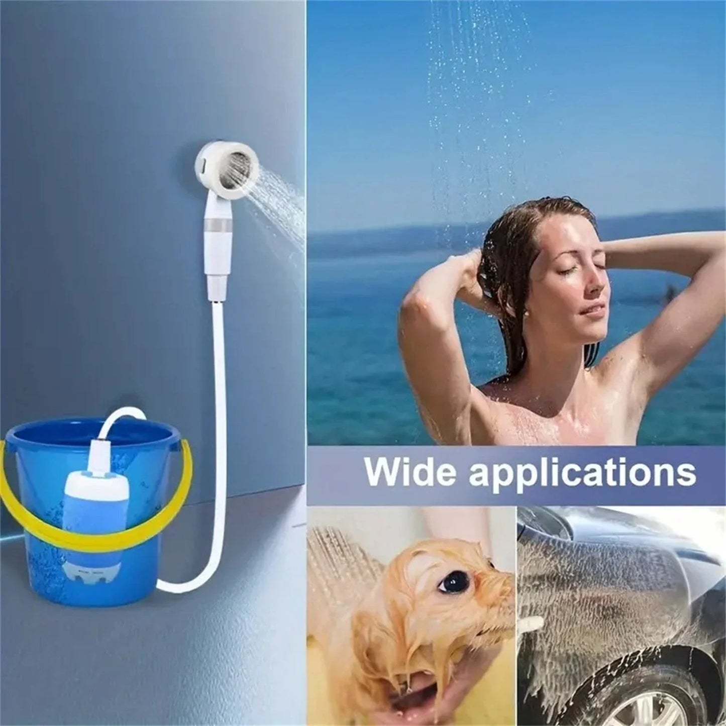 Rechargeable Portable Outdoor Shower with Adjustable Water Pressure and Showerhead Settings