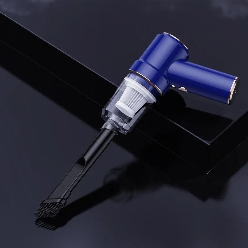 Mini rechargeable cordless handheld vacuum cleaner in Moran Blue with brush and long straw attachments