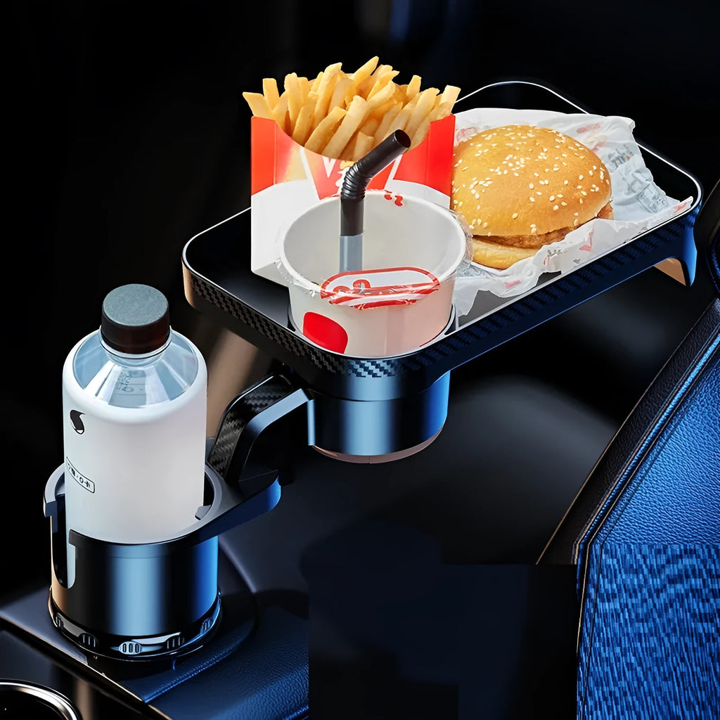 Black rotating car cup holder with dinner plate attachment shown in large and small size options.