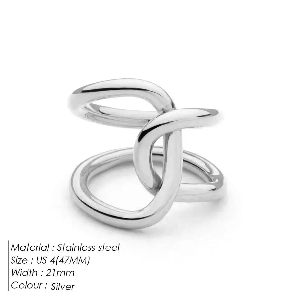 Women's stainless steel adjustable knot ring in geometric U-shape, shown in gold and steel colour finishes.