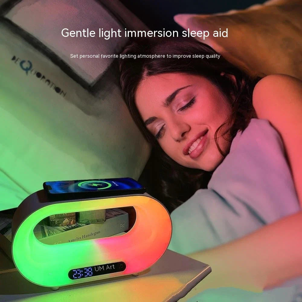 3-in-1 smart LED desk lamp with wireless phone charging, dimmable RGB lighting, and alarm clock features