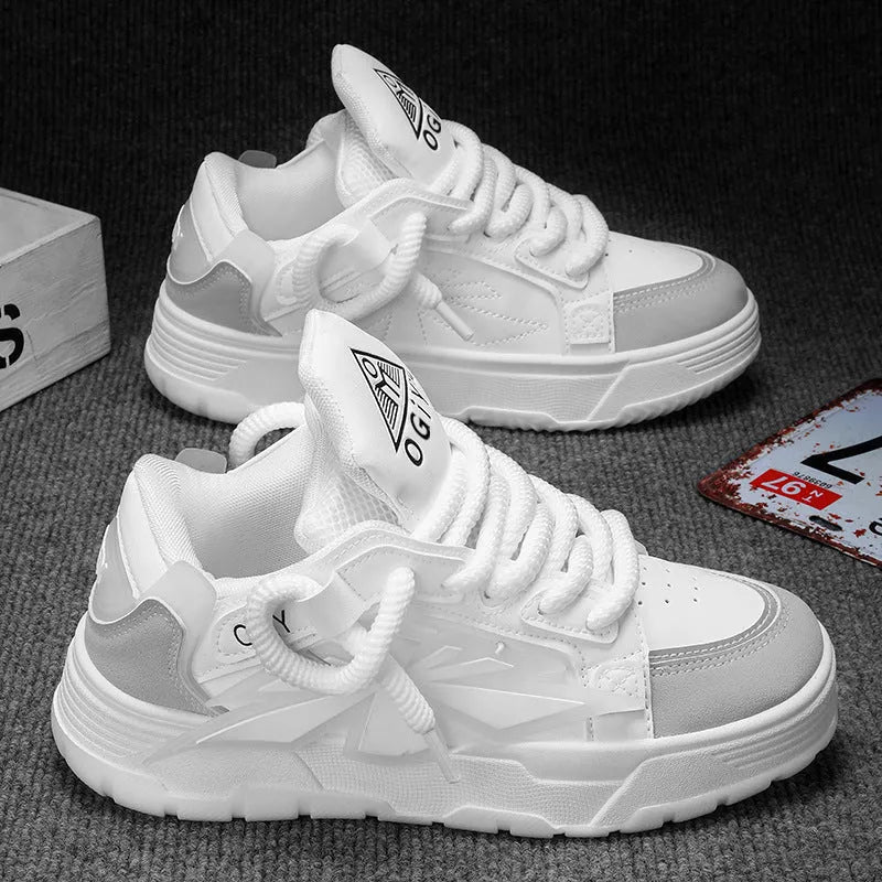 Men's chunky sneakers with thick rubber sole and synthetic leather upper in black, blue, and white colour options