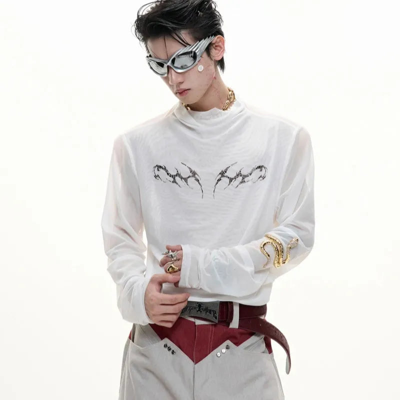 Men's black mesh long-sleeve shirt with a slim, close-fitting bottoming cut on a model.