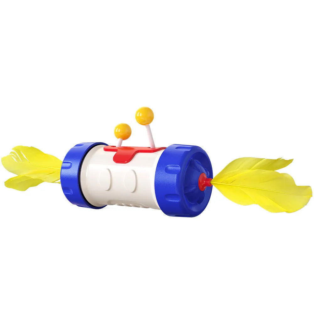 Set of three cat toys: a feather wand, a colourful ball, and a wobbling balance tumbler on a blue background.