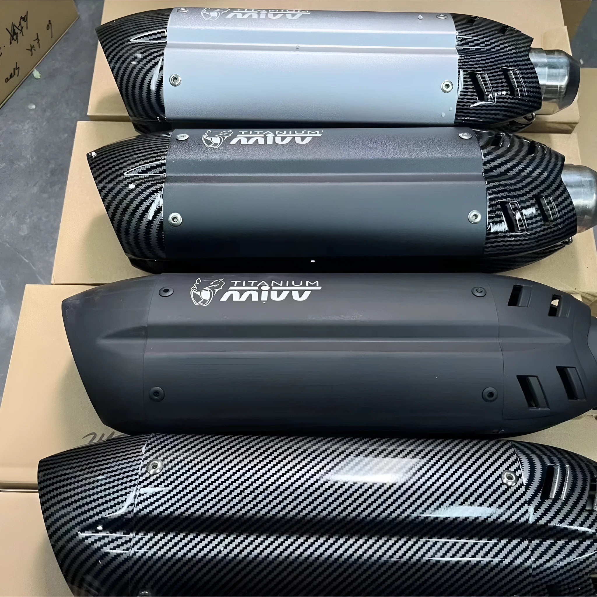Stainless steel motorcycle exhaust modification kit showing 51mm interface and hexagonal muffler design