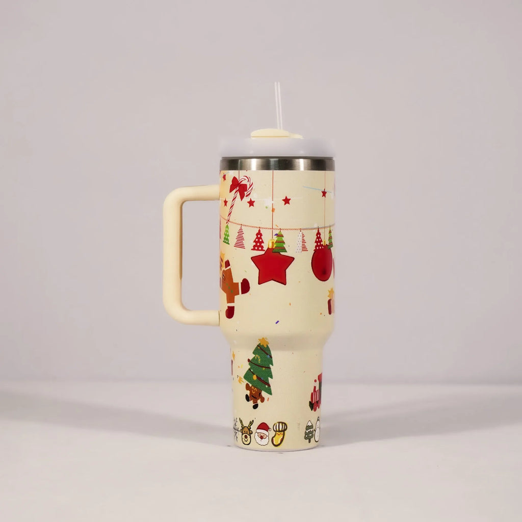 Christmas pattern stainless steel travel tumbler with handle showing capacity measurements and car holder compatibility