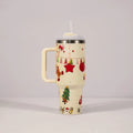 Christmas pattern stainless steel travel tumbler with handle showing capacity measurements and car holder compatibility