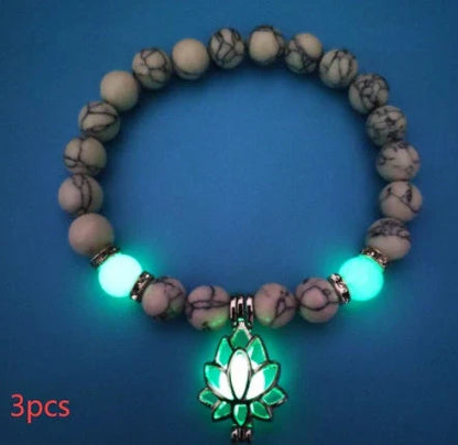 Luminous lotus charm bracelet with mesmerizing glow-in-the-dark beads, made of premium alloy and turquoise fluorescent stone