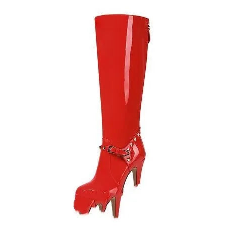 Red women's high leg chunky heel boots with back zipper and metal belt buckle