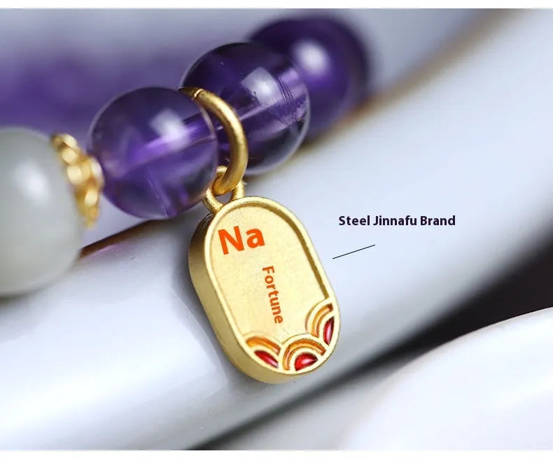 Purple amethyst crystal bracelet with 8mm beads in geometric Chinese design for women