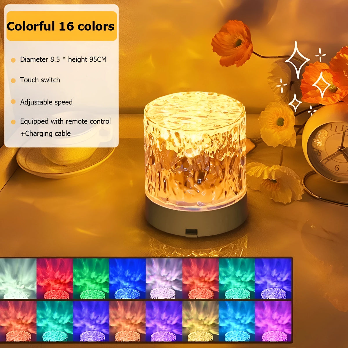 Crystal water ripple projector night light with acrylic lampshade, USB charging and touch control on a table