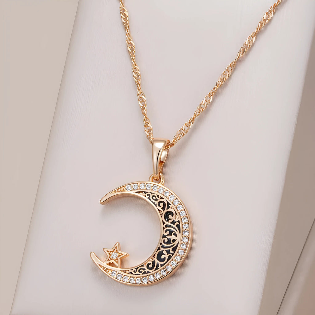 Rose gold tone star moon necklace with zircon enamel pendant on a water wave chain, unisex 21-50cm