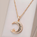 Rose gold tone star moon necklace with zircon enamel pendant on a water wave chain, unisex 21-50cm
