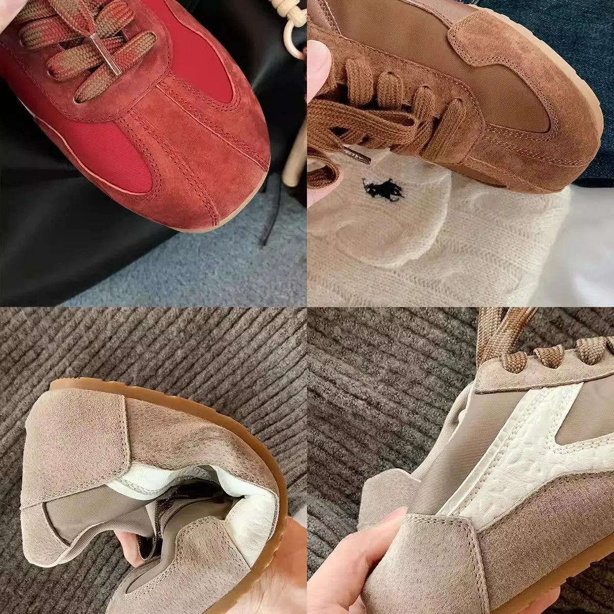 Women's retro suede sneakers in solid red, sand, brown, or milk grey with rubber outsole and height-increasing sole, sizes 35-40