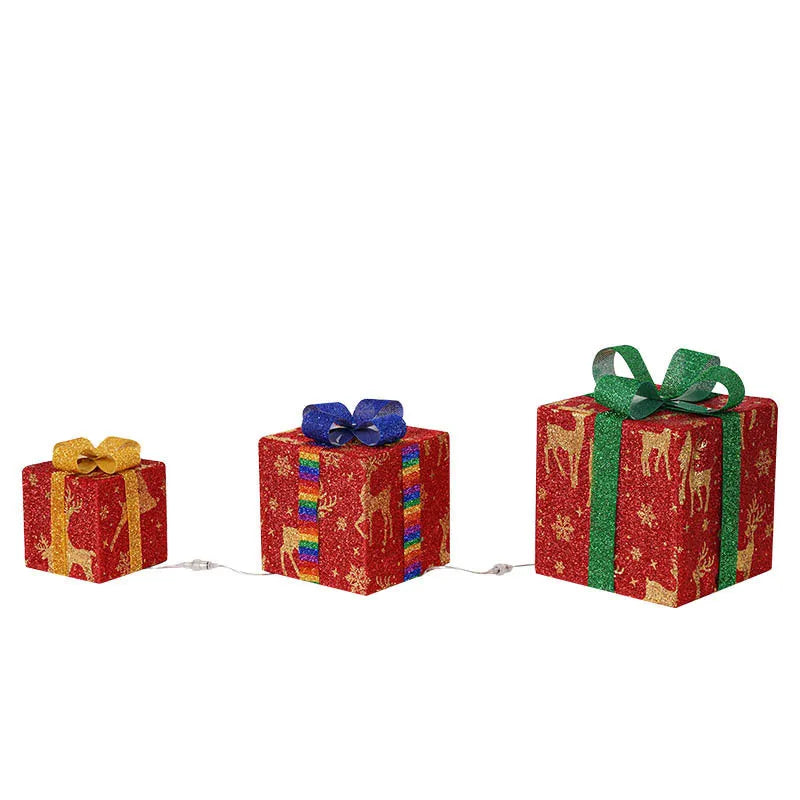 Set of three LED lighted Christmas gift boxes with red bows, showing warm white and multicolour light modes for outdoor holiday decor.