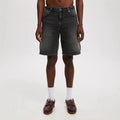 Men's loose straight-leg cotton jeans in light blue, black, and grey colours on a plain background.