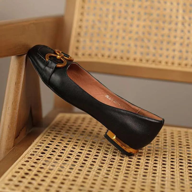 Women's Wanwan Lei style shallow mouth metal flat pumps with square toe and high heel in apricot colour.