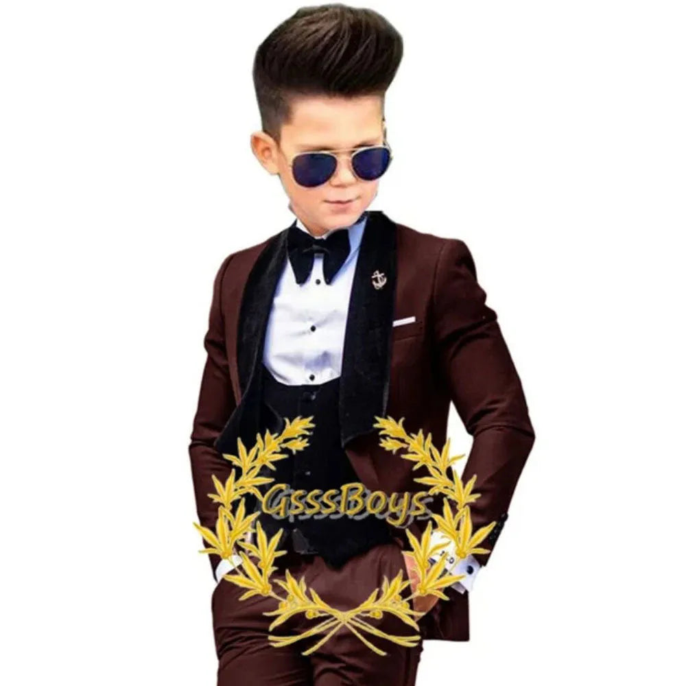 Boys' three-piece suit set with jacket, vest, and trousers in polyester, available in 11 colours and sizes 3T to 16T