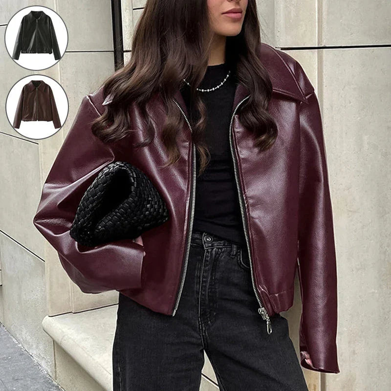 Premium faux leather jacket with zipper closure and lapel collar design, available in burgundy and black colors