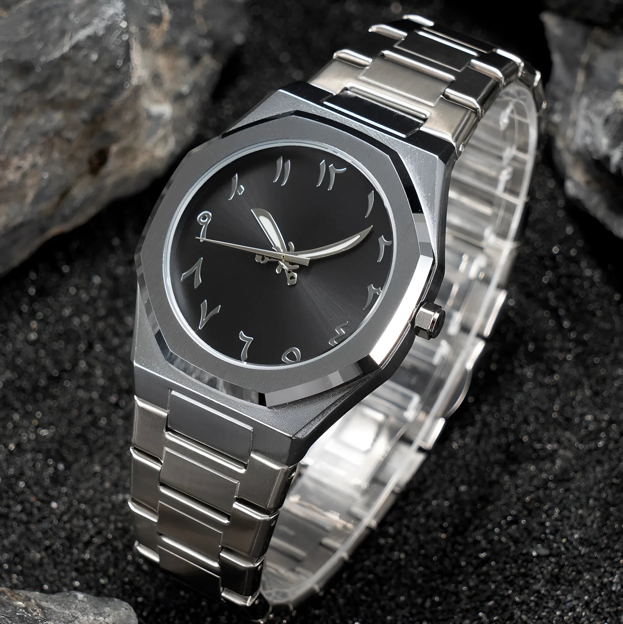 Men's business casual watch with stainless steel band and black dial on wrist