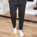 Men's straight high-waisted black casual pants in bamboo blend fabric, elastic waist, cropped leg