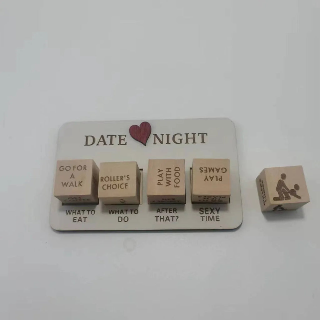 Wooden date night dice game set for couples showing five dice, a wooden planner board and a black storage bag.