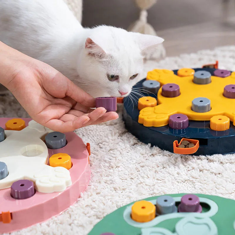 Blue interactive dog feeding toy with slow food plate design for educational mealtime enrichment