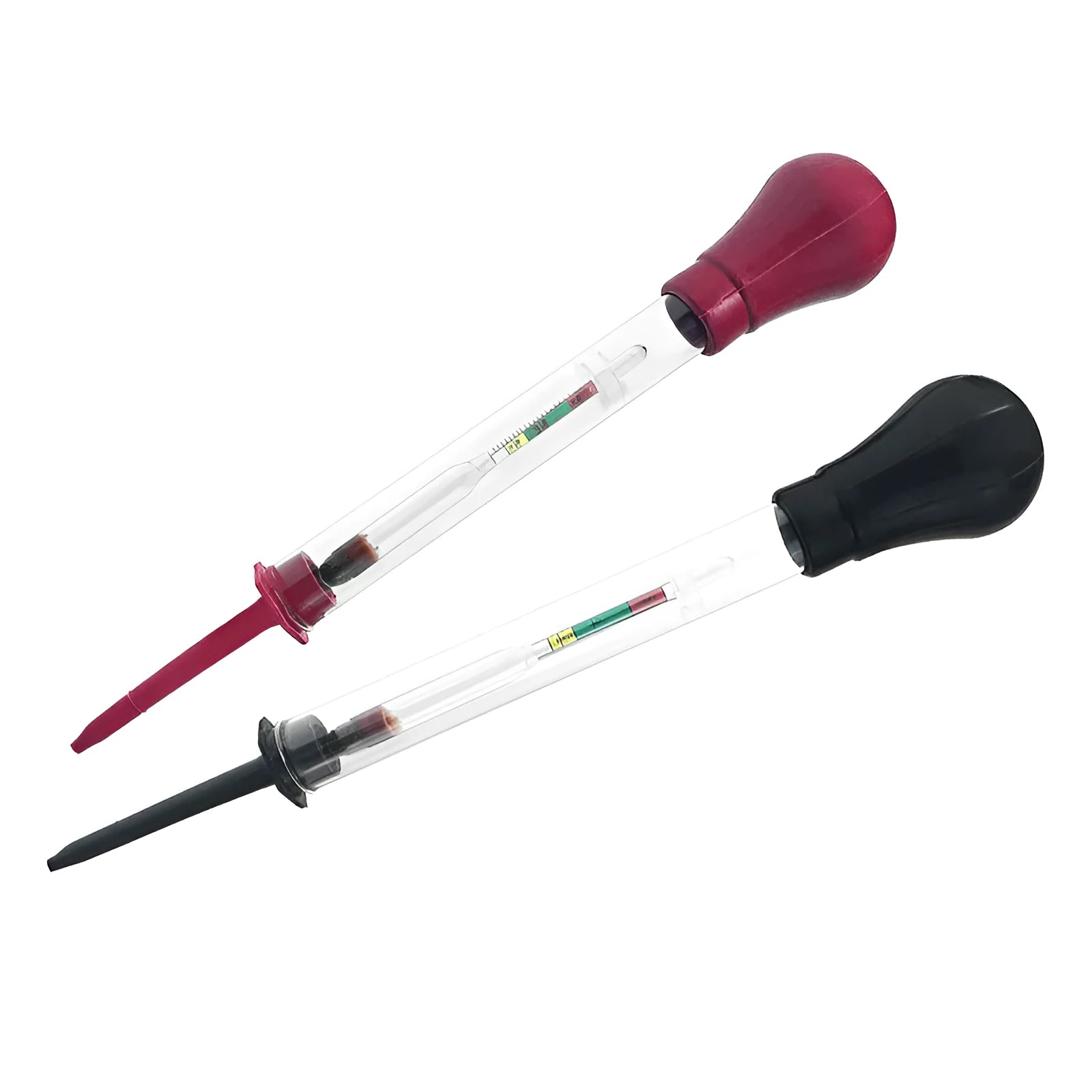 Glass automotive battery electrolyte hydrometer with red and black bulbs, 330mm long.