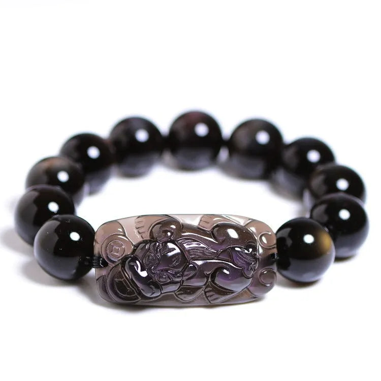 Polished crystal Pi Xiu bead bracelet showing geometric shape, available in multiple sizes and ice stone colours.