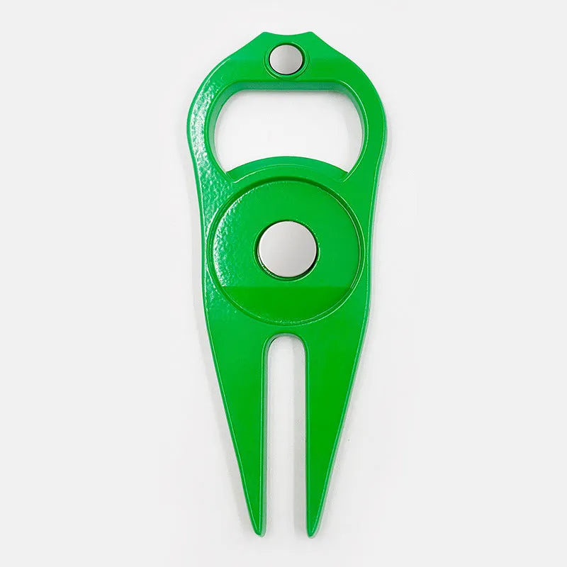 Zinc alloy golf putting tool with ball yoke, turf fork and bottle opener in black green silver options