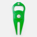 Zinc alloy golf putting tool with ball yoke, turf fork and bottle opener in black green silver options