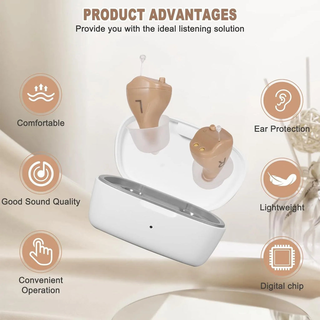 Portable in-ear hearing aid sound amplifier with USB charging, plastic body, colour options