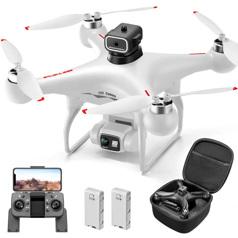 Black S116 brushless quadcopter drone with four propellers and a dual camera, shown with its remote control.