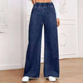 Light blue washed wide-leg plus size straight jeans with mid waist zip fly