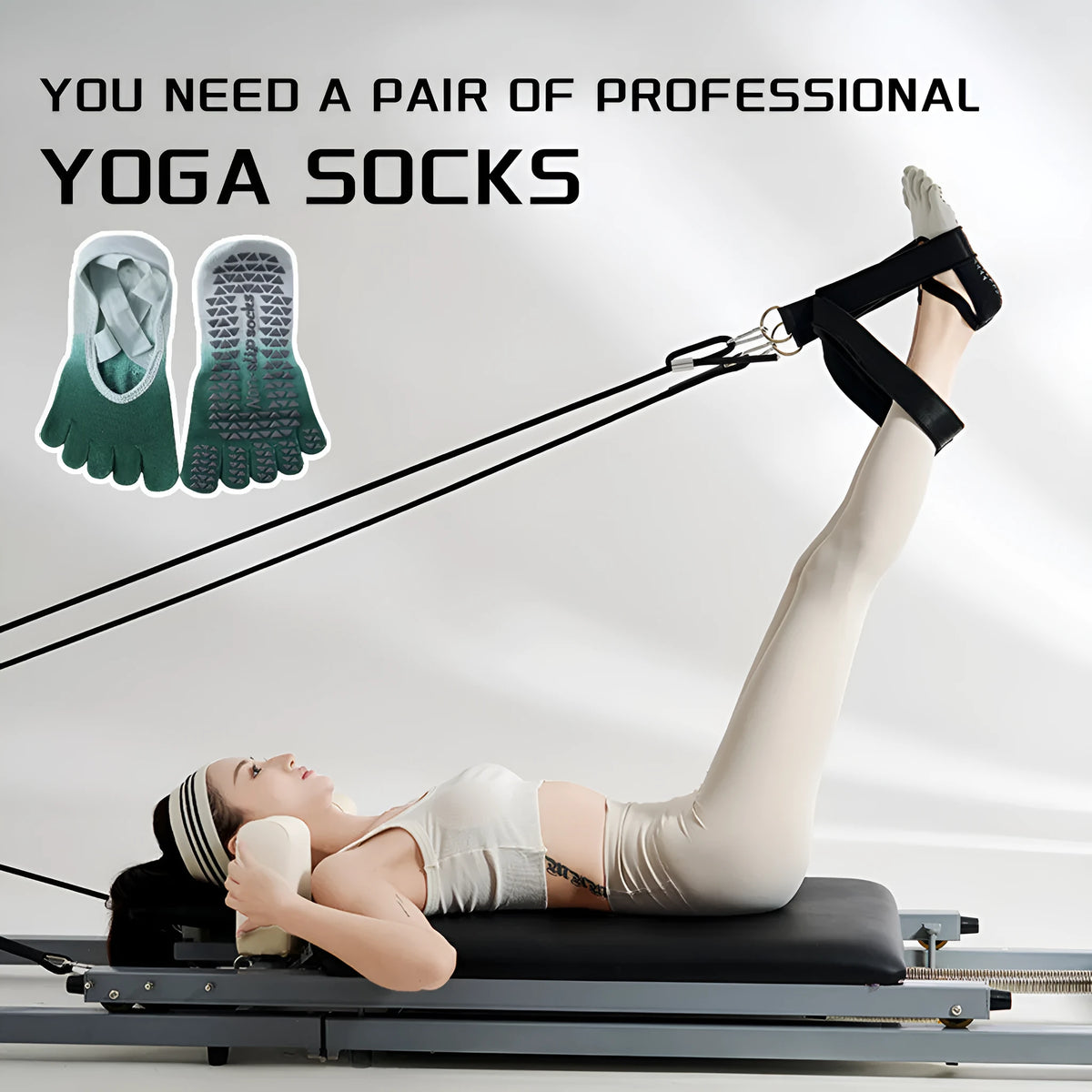 Grippy yoga socks for women and men, non-slip full toe, available in green, pink, purple, white, and black.