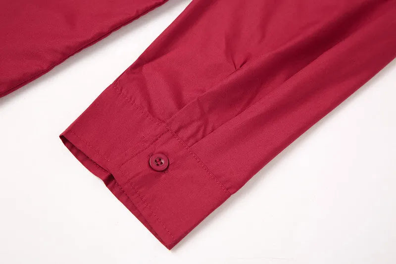 Red men's stand-up collar casual shirt with Chinese-style collar, shown in sizes S to XXXL