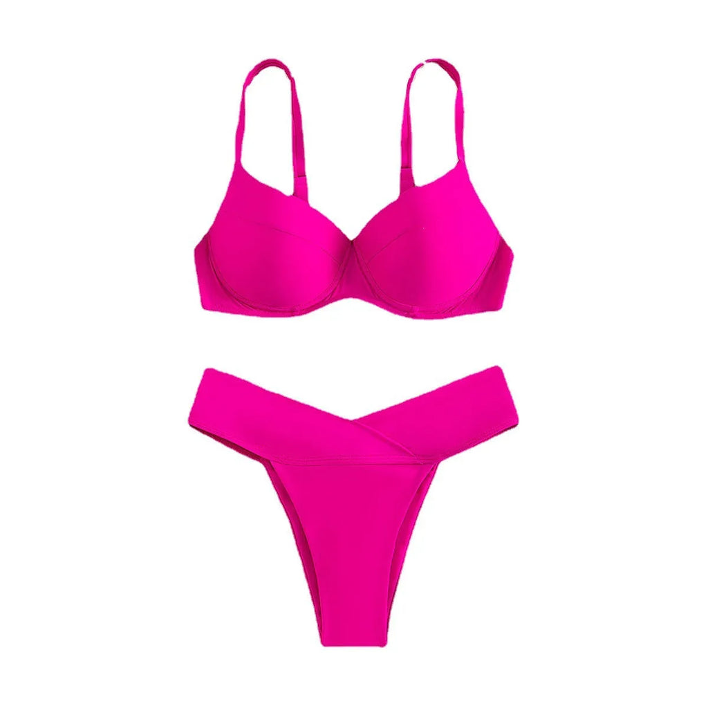 Solid colour briefs-style bikini swimsuit in fluorescent pink, green, blue, or orange, or black.
